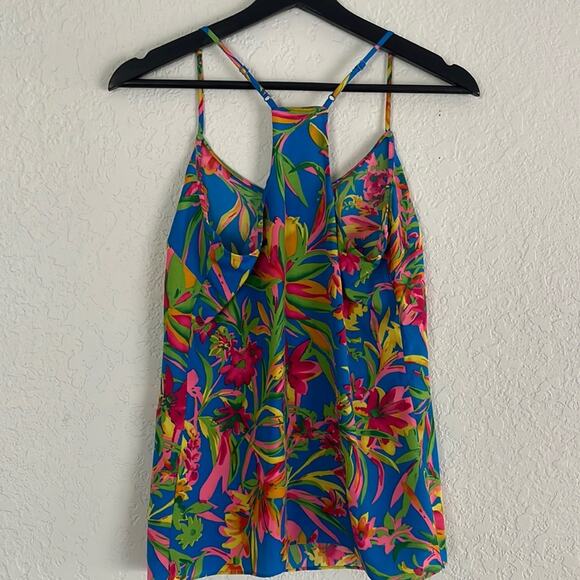 J. Crew Blue Floral Cami Tank Tropical Halter Top Resortwear Preppy Vacation - Picture 4 of 5